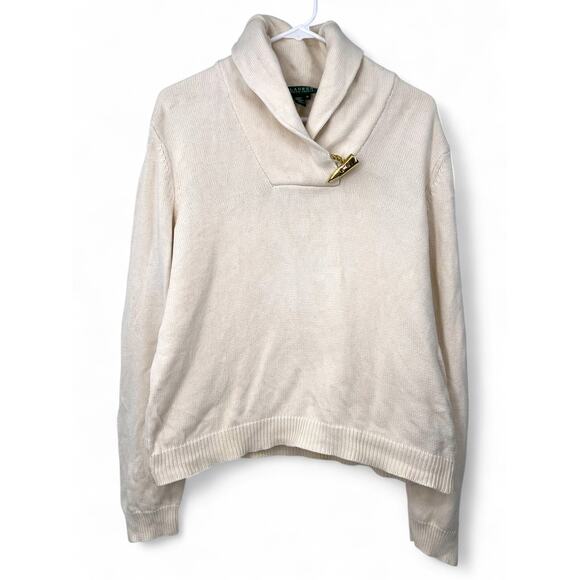 RALPH LAUREN | XL | Sweater Knit Cream Shawl Color Pullover Gold Accent Women - Picture 1 of 7